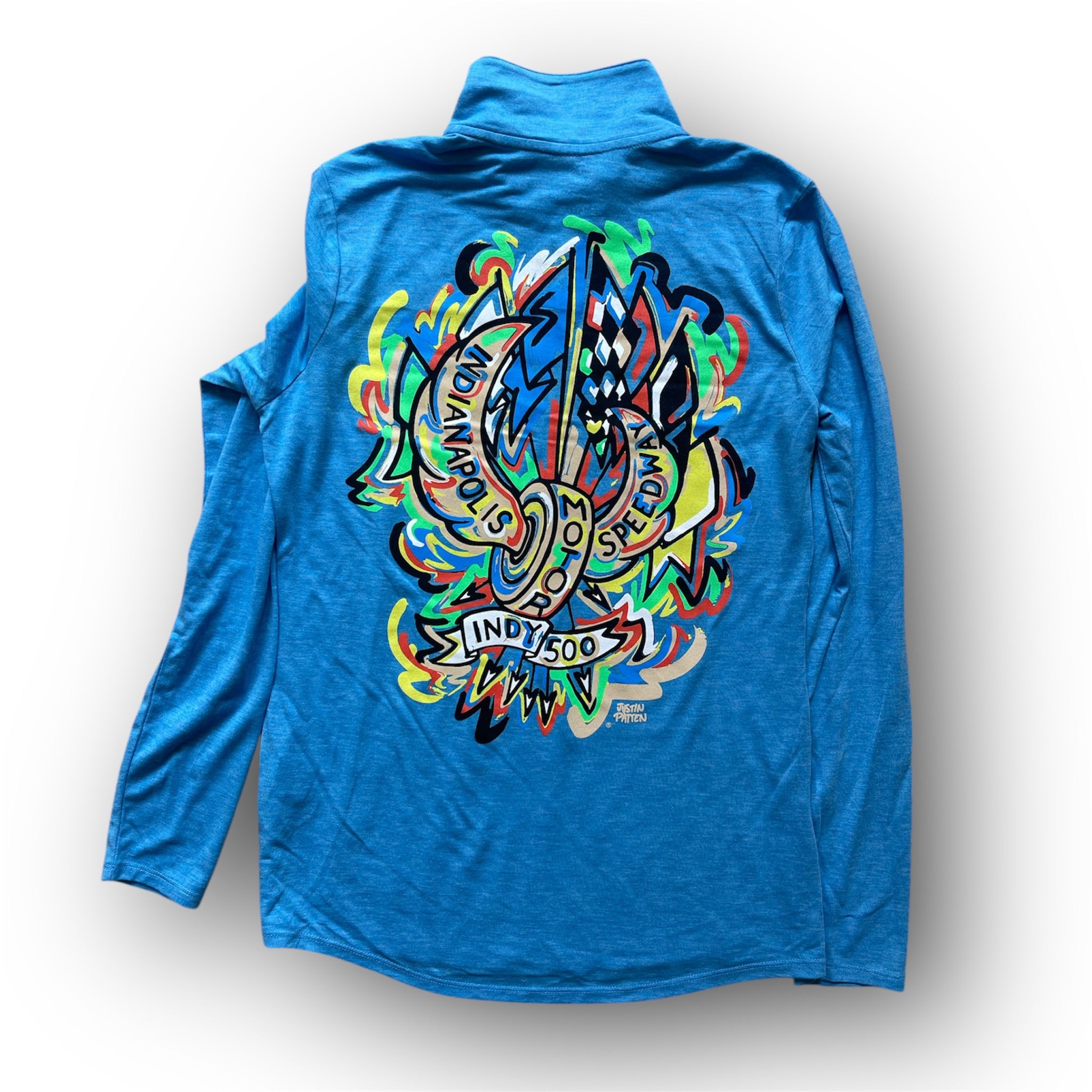 Indianapolis Motor Speedway Motion Wing and Wheel Women's Long Sleeve 1/4 Zip by Justin Patten (New 2025 Design) (Pond Blue)
