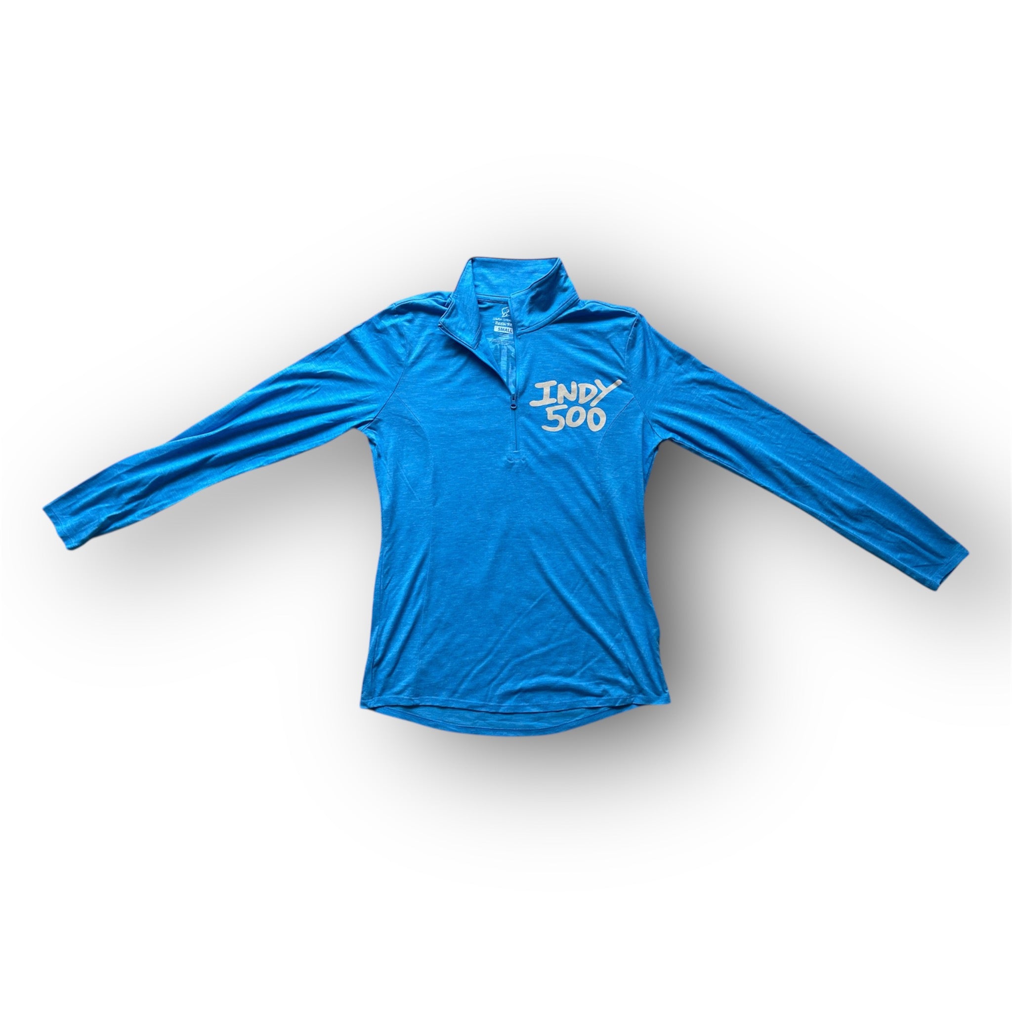 Indianapolis Motor Speedway Motion Wing and Wheel Women's Long Sleeve 1/4 Zip by Justin Patten (New 2025 Design) (Pond Blue)