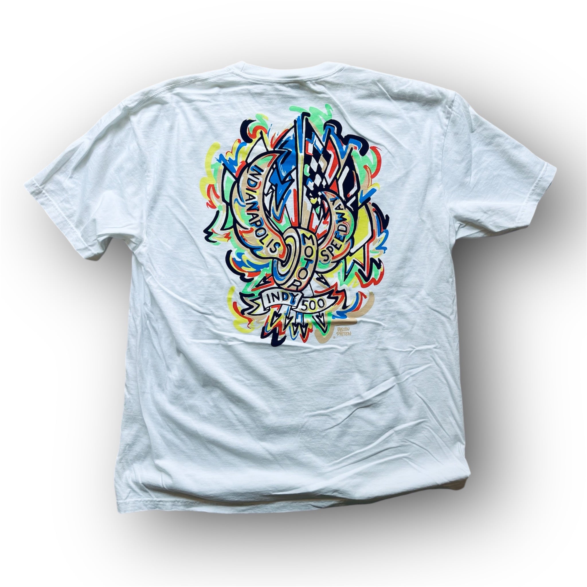 Indianapolis Motor Speedway Motion Wing and Wheel Comfort Tee by Justin Patten (White)(New 2025 Design)