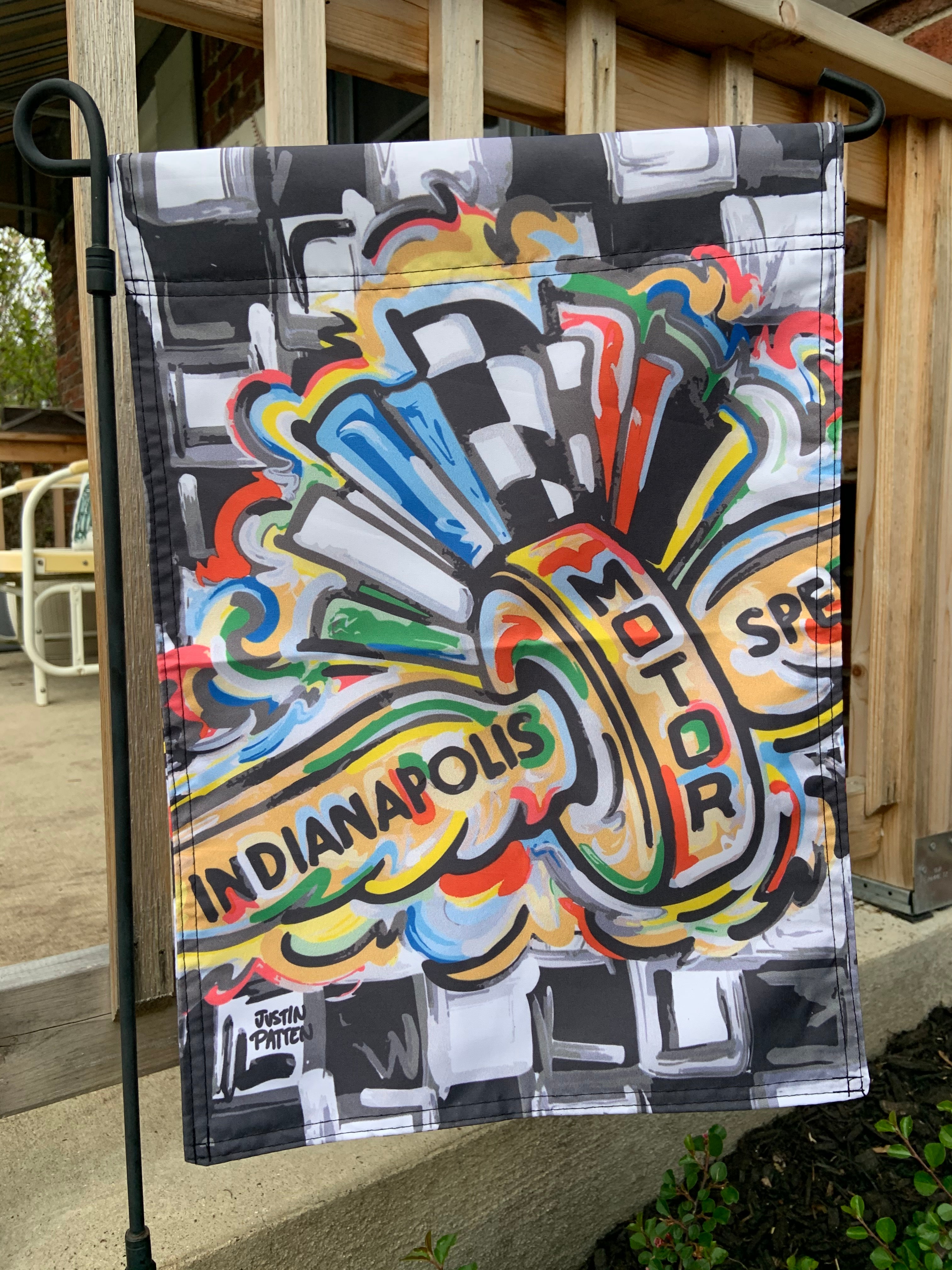 Indianapolis Motor Speedway Wing and Wheel Garden Flag (12”x18” in.) by Justin Patten