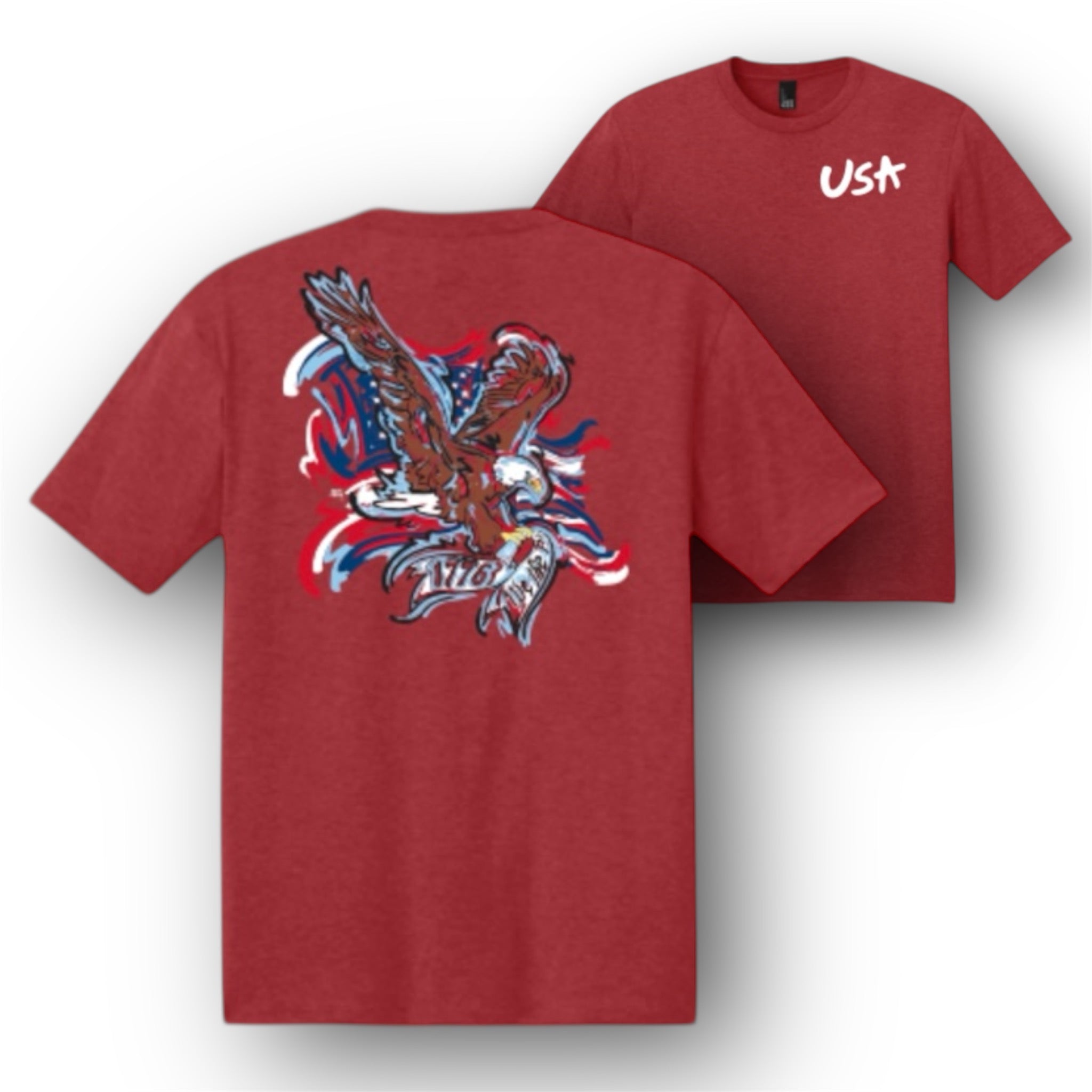 Fourth of July USA 1776 Bald Eagle Tee by Justin Patten (Red Heather)(We The People)(USA)