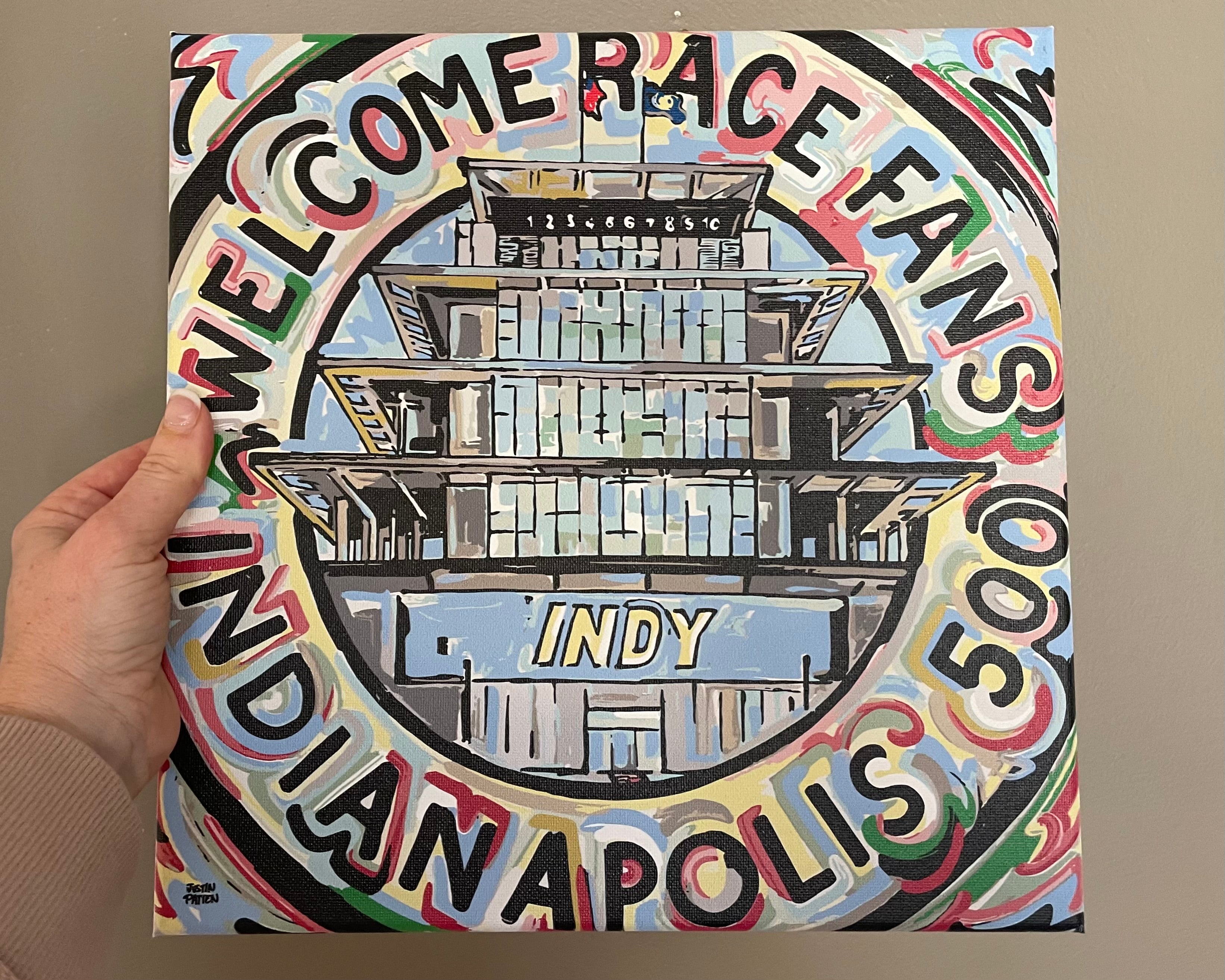 Indianapolis Motor Speedway 12"x12" Welcome Race Fans Pagoda Wrapped Canvas Print by Justin Patten