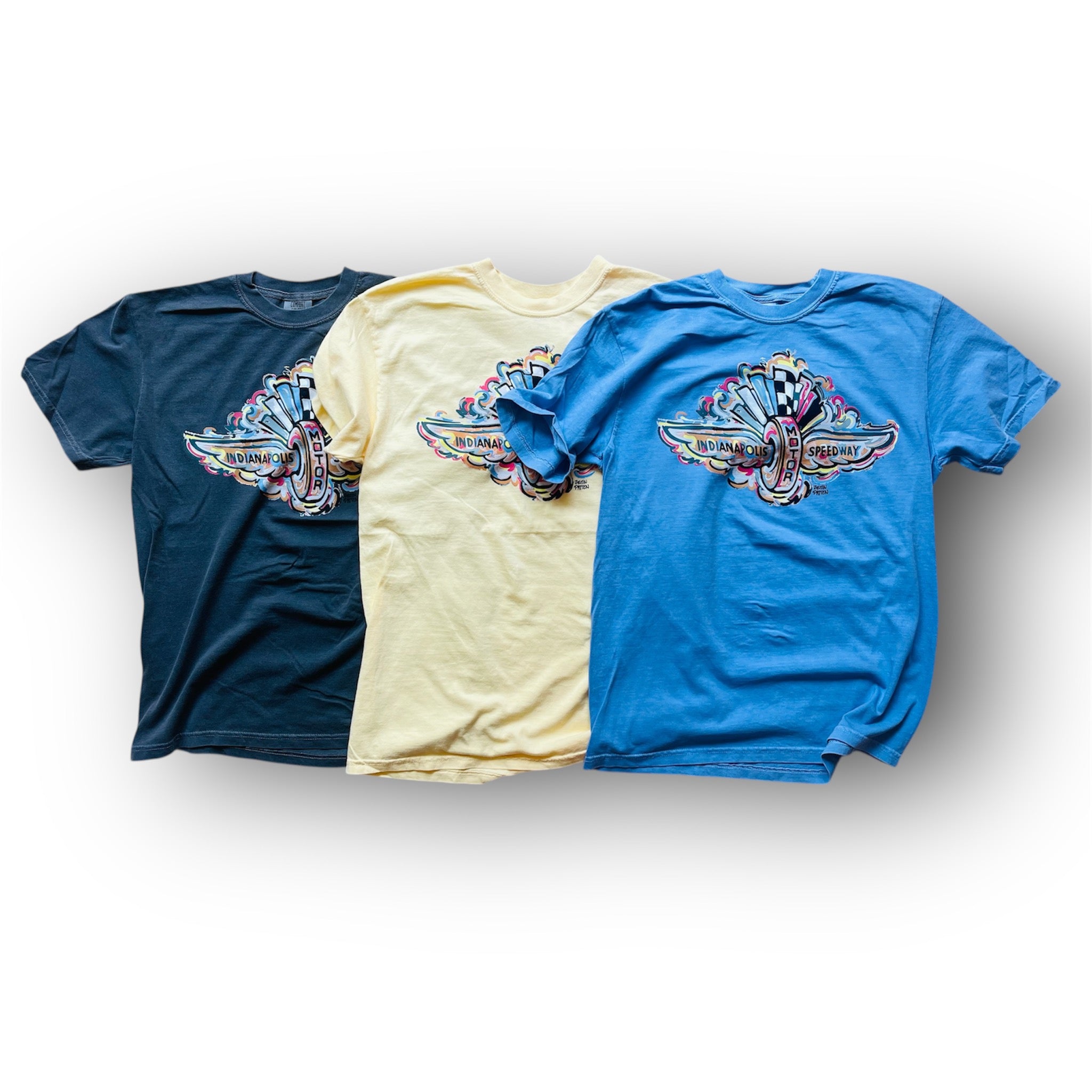 Indianapolis Motor Speedway Wing and Wheel Comfort Washed Cotton Tee by Justin Patten (3 Colors)