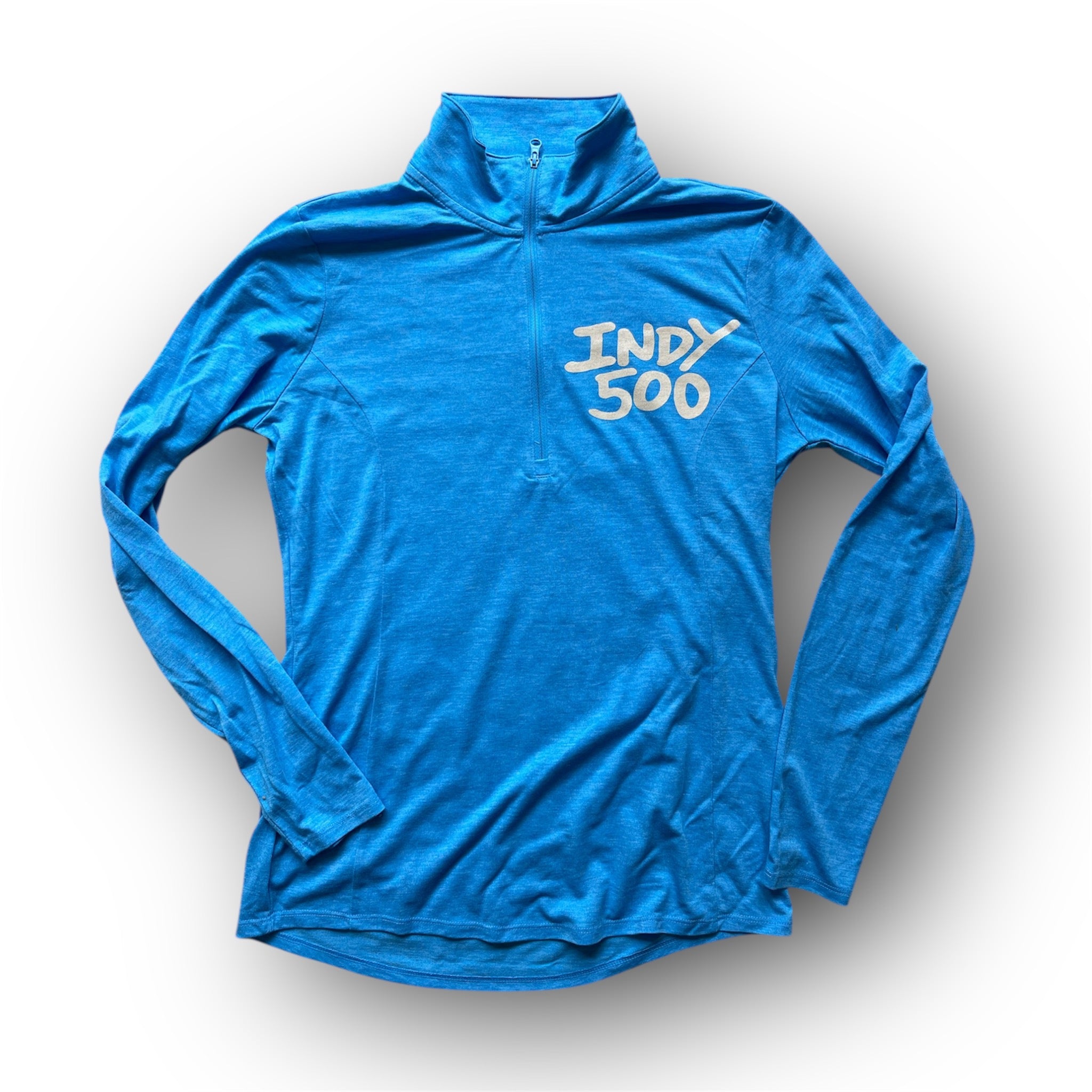 Indianapolis Motor Speedway Motion Wing and Wheel Women's Long Sleeve 1/4 Zip by Justin Patten (New 2025 Design) (Pond Blue)