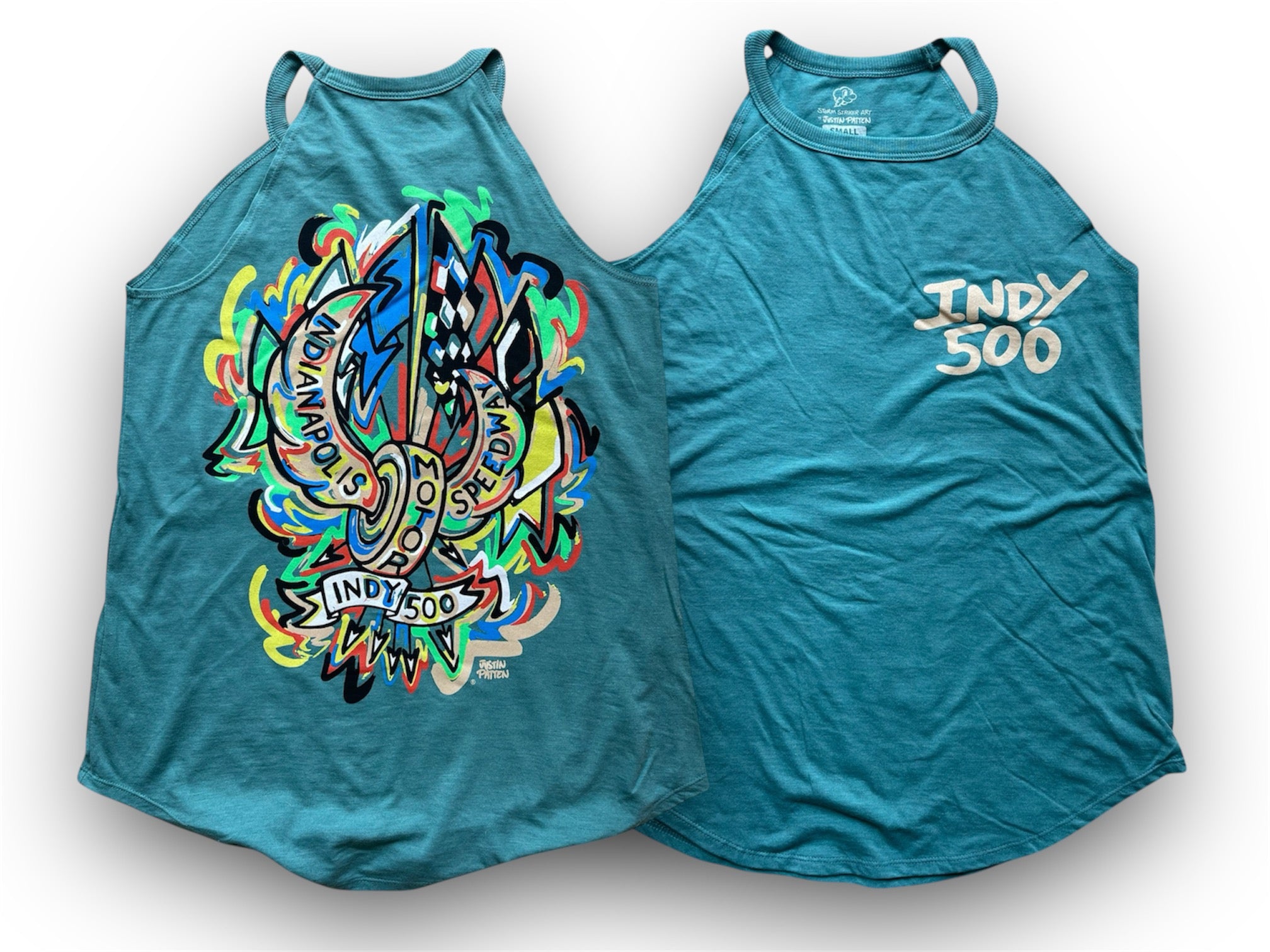 Indianapolis Motor Speedway Motion Wing and Wheel Women's Tank by Justin Patten (New 2025 Design) (Heathered Eucalyptus)