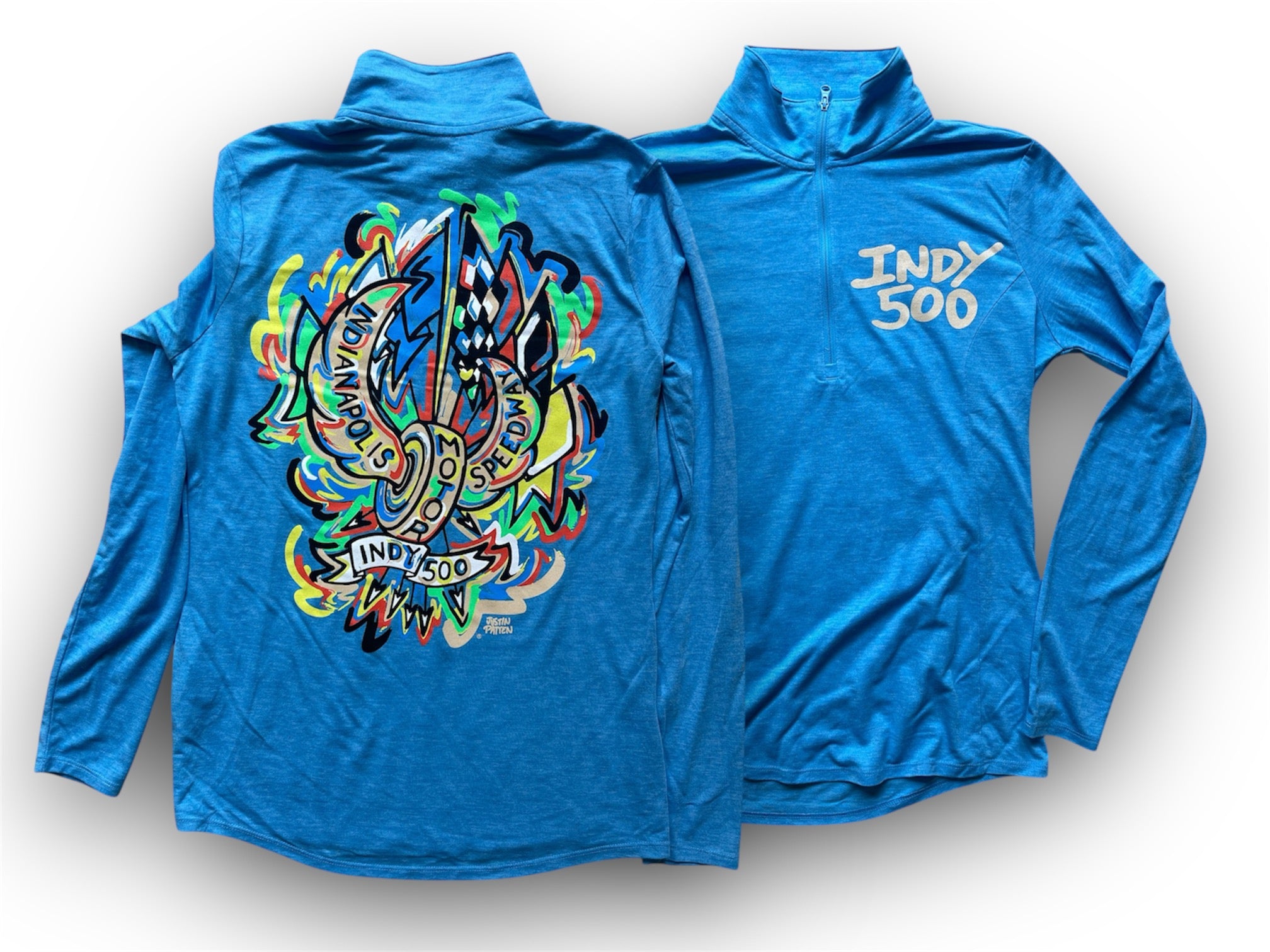Indianapolis Motor Speedway Motion Wing and Wheel Women's Long Sleeve 1/4 Zip by Justin Patten (New 2025 Design) (Pond Blue)