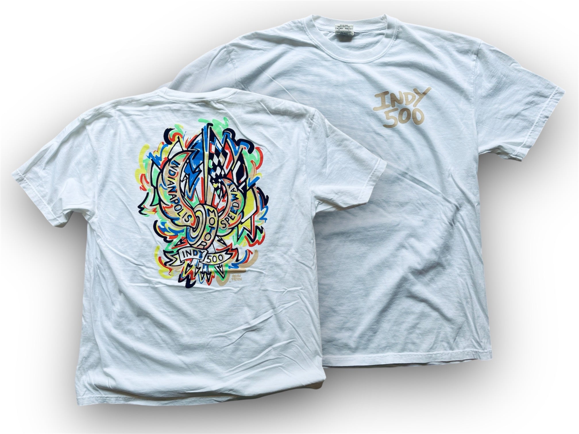 Indianapolis Motor Speedway Motion Wing and Wheel Comfort Tee by Justin Patten (White)(New 2025 Design)