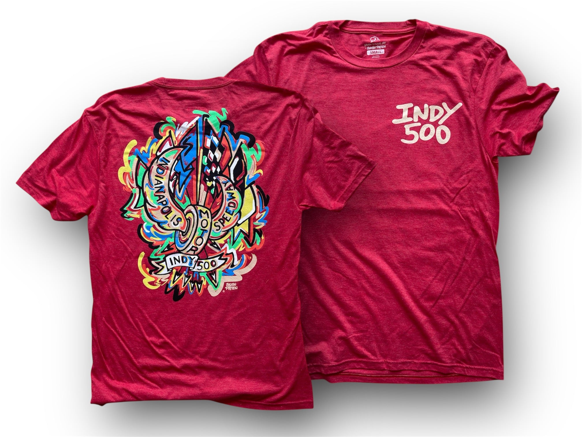 Indianapolis Motor Speedway Motion Wing and Wheel Tee by Justin Patten (New 2025 Design)(Red Heather)
