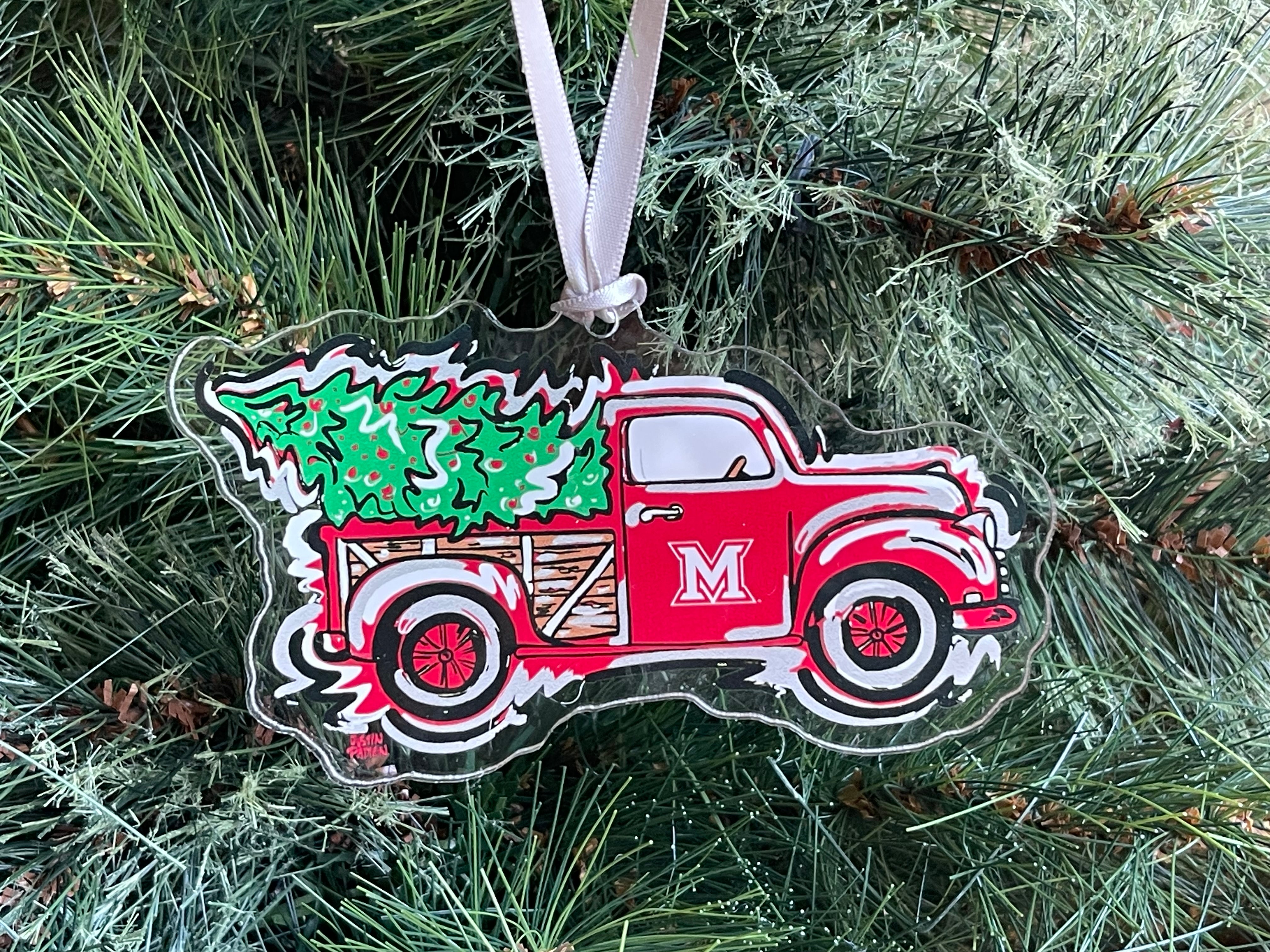 Miami University Ohio Christmas Tree Truck Ornament by Justin Patten