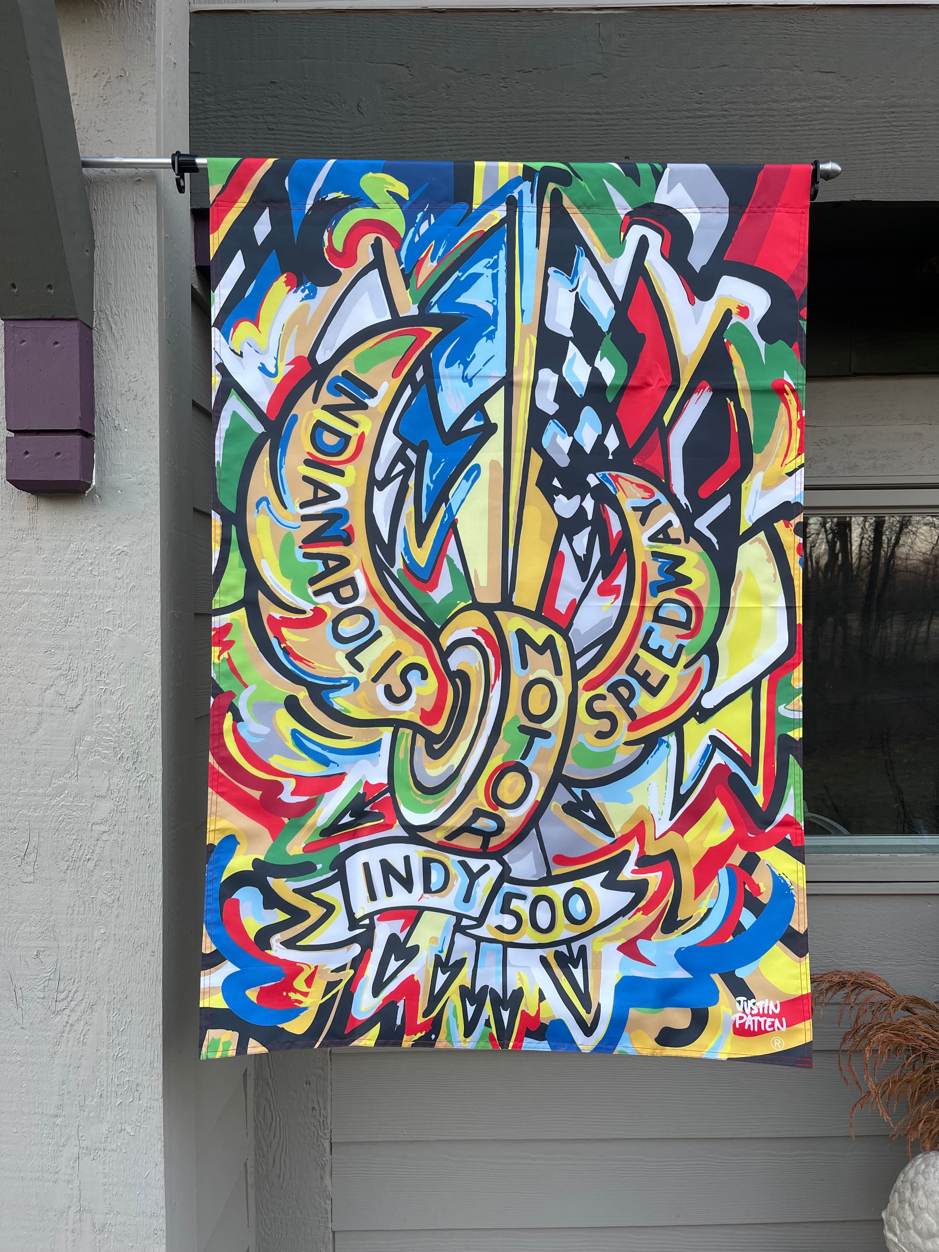 Indianapolis Motor Speedway Motion Wing and Wheel House Flag  by Justin Patten (New 2025 Design)(29"x43")