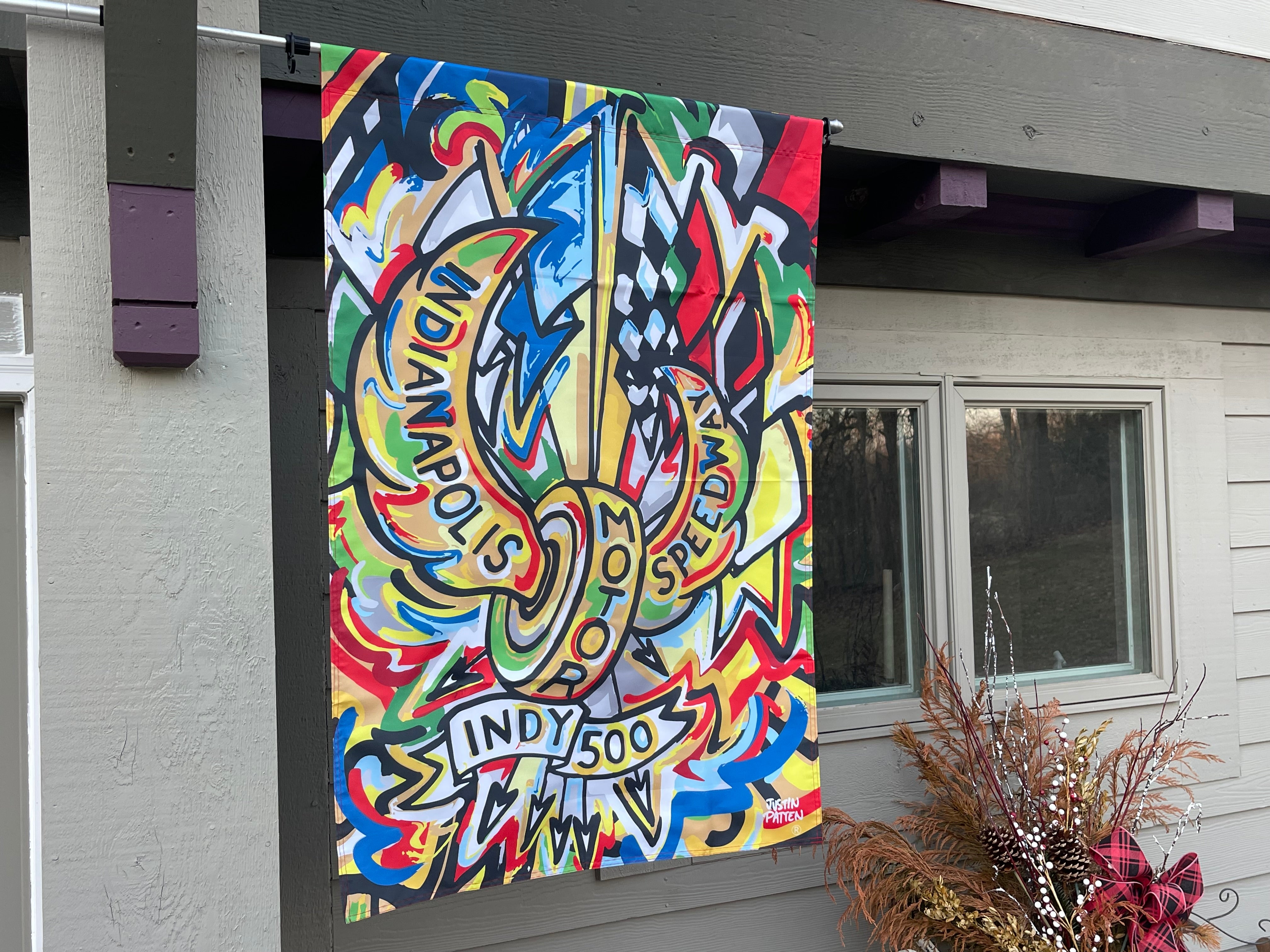 Indianapolis Motor Speedway Motion Wing and Wheel House Flag  by Justin Patten (New 2025 Design)(29"x43")
