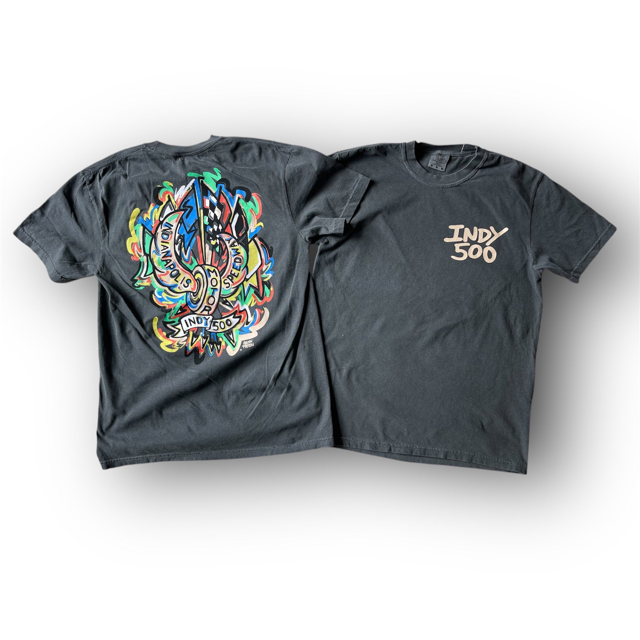 Indianapolis Motor Speedway Motion Wing and Wheel Comfort Tee by Justin Patten (Washed Grey)(New 2025 Design)