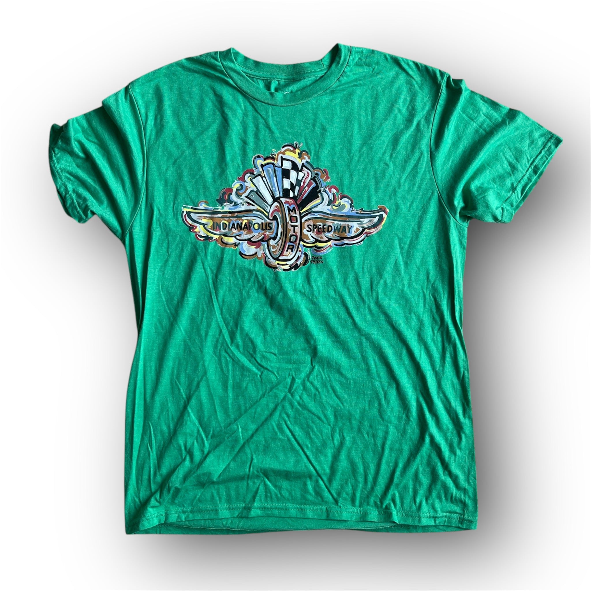 Indianapolis Motor Speedway Wing and Wheel Tee by Justin Patten (Kelly Green Heather)
